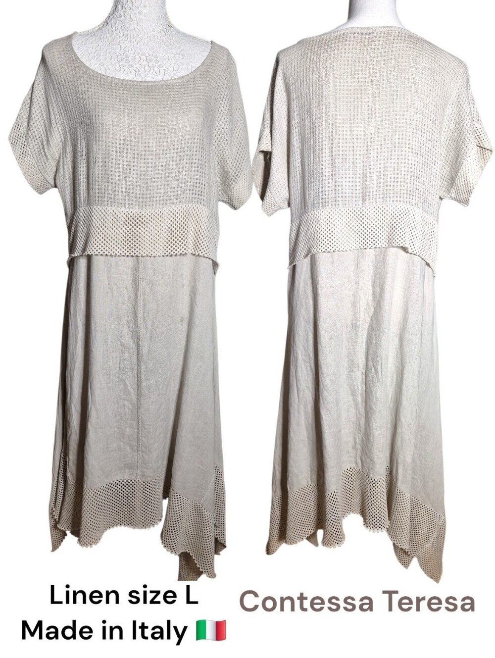 Linen Asymetrical Hem Mesh Panel Dress in Beige- Contessa Teresa 🇮🇹 - Size L